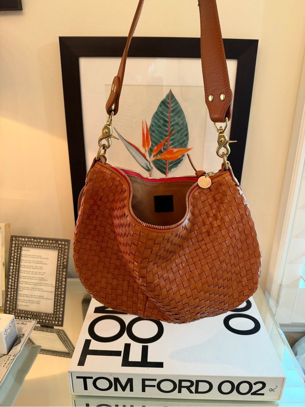 Clare V Moyan Messenger Woven Crossbody Bag in Cognac Brown with Gold Hardware - Picture 2 of 14